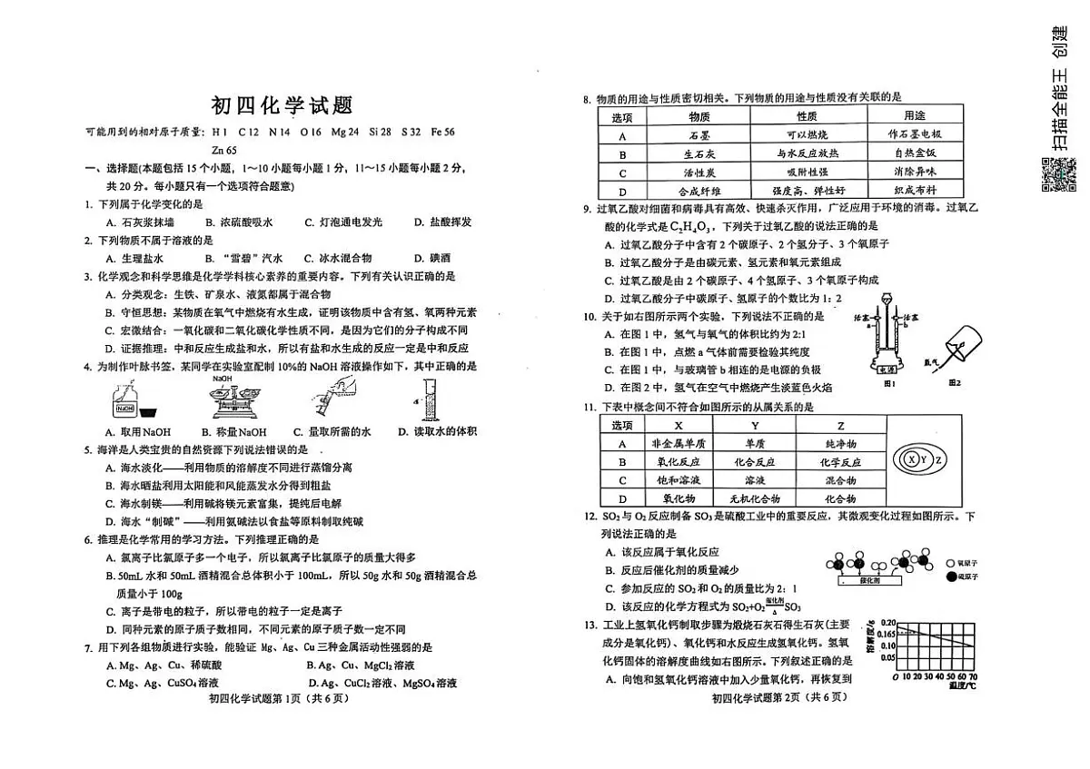 2025年山东省青岛莱西市四校中考二模化学试题（中考模拟）第1页