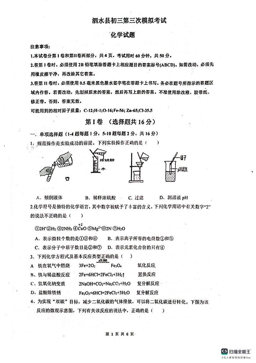 2025年山东泗水县九年级三模化学试题（中考模拟）第1页