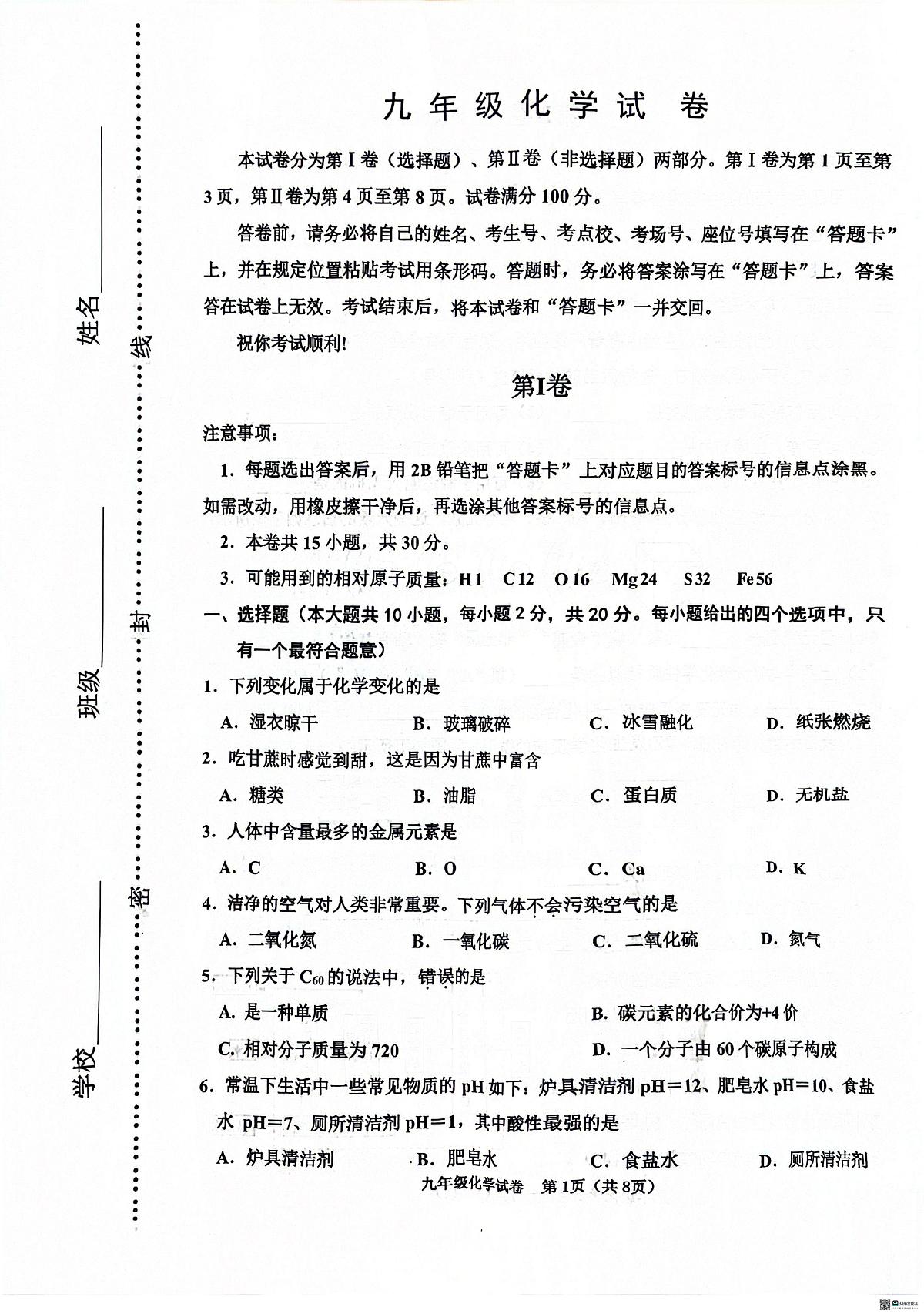 2025年天津市河西区九年级二模化学试题（中考模拟）第1页