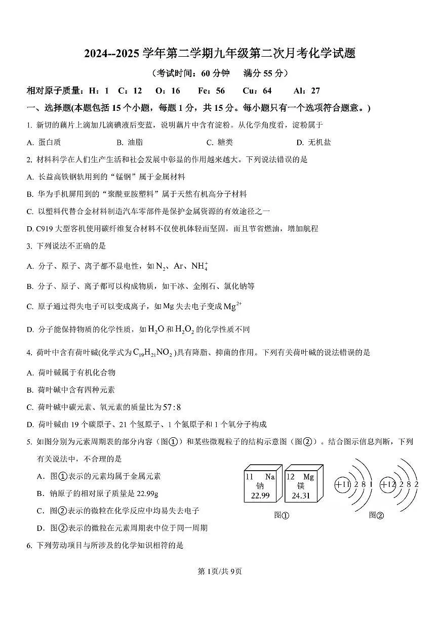 山东省乐陵市朱集镇中学2024-2025学年九年级下学期第二次月考化学试题第1页
