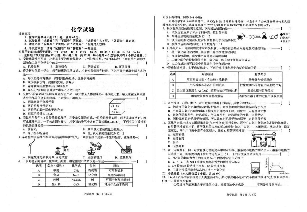 安徽省六安市裕安区2024-2025学年九年级下学期5月月考化学试题第1页