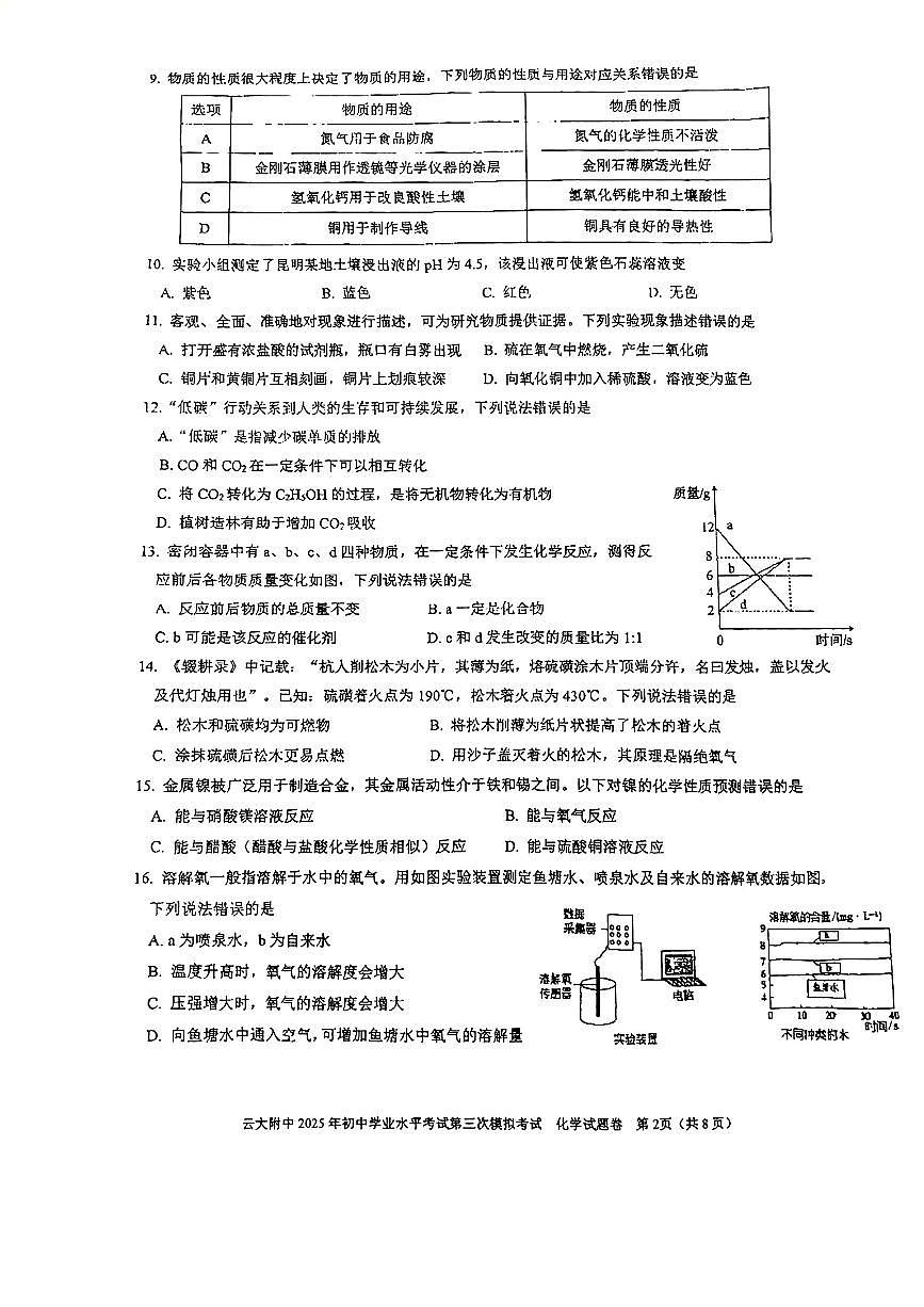 云南省昆明市云大附中2025年初中学业水平考试第三次模拟考试化学试卷（PDF版，无答案）第2页