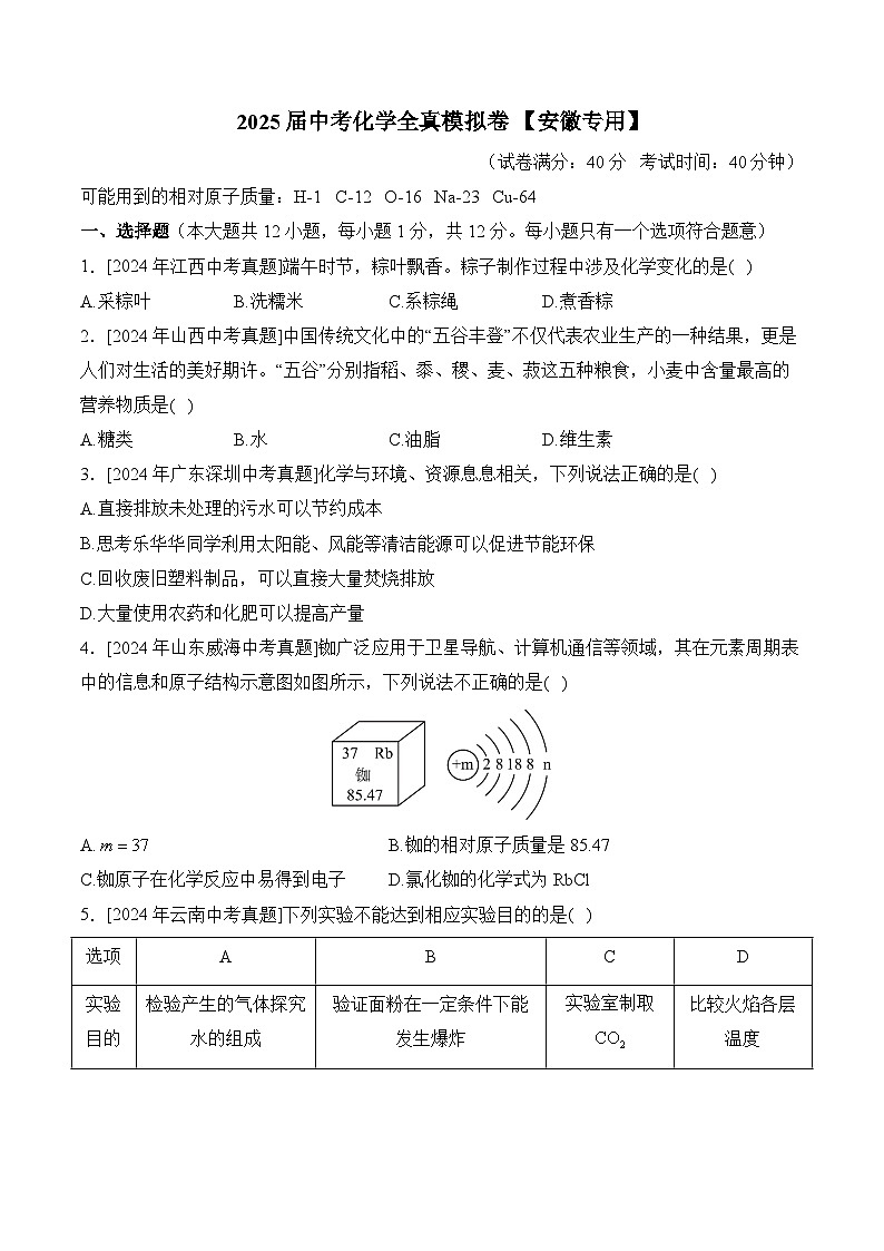 2025届中考化学临考模拟卷 【安徽专用】第1页