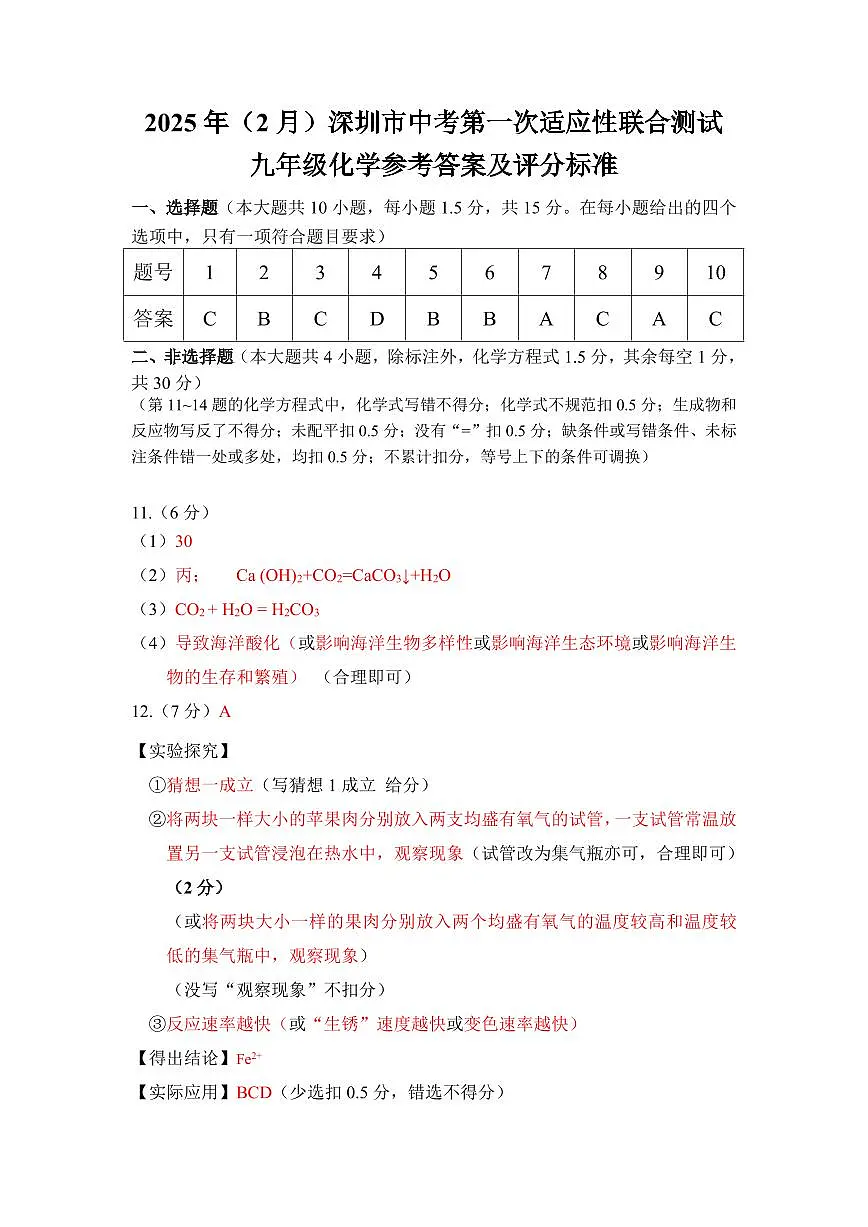 2025年2月深圳市多校初三第一次适应性联合测试化学试卷答案第1页