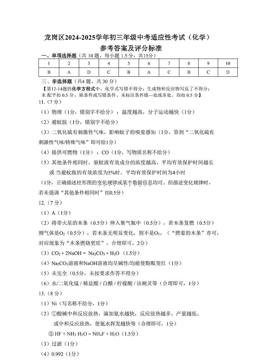 2025年5月深圳市龙岗区初三二模化学试卷答案第1页
