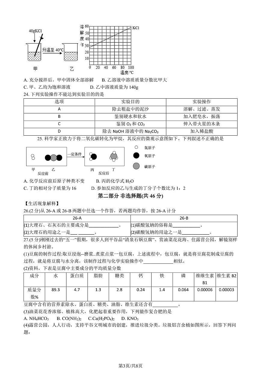 2023北京平谷区初三二模化学试卷（含答案）第3页