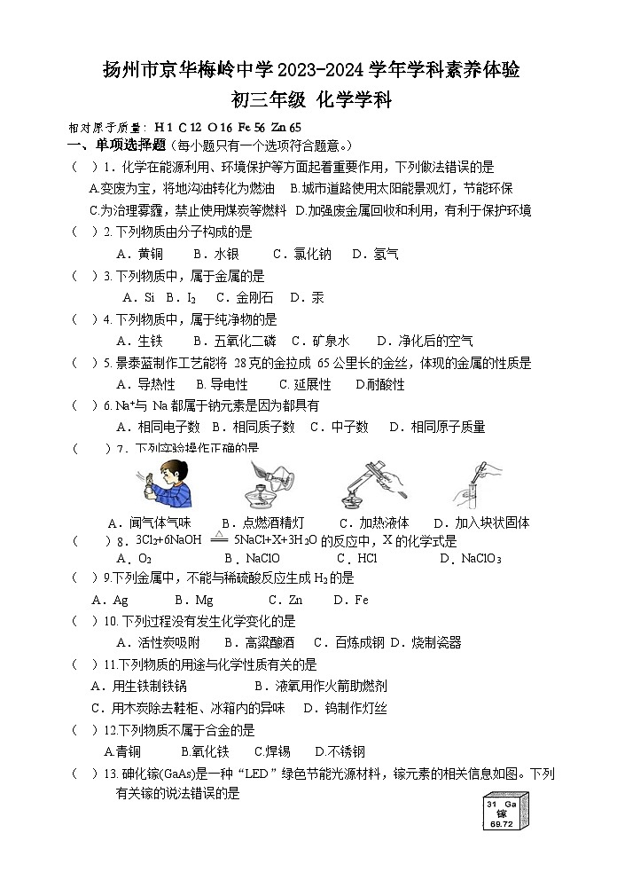 江苏省扬州市京华梅岭中学2023-2024学年九年级下学期第二次月考化学试题第1页