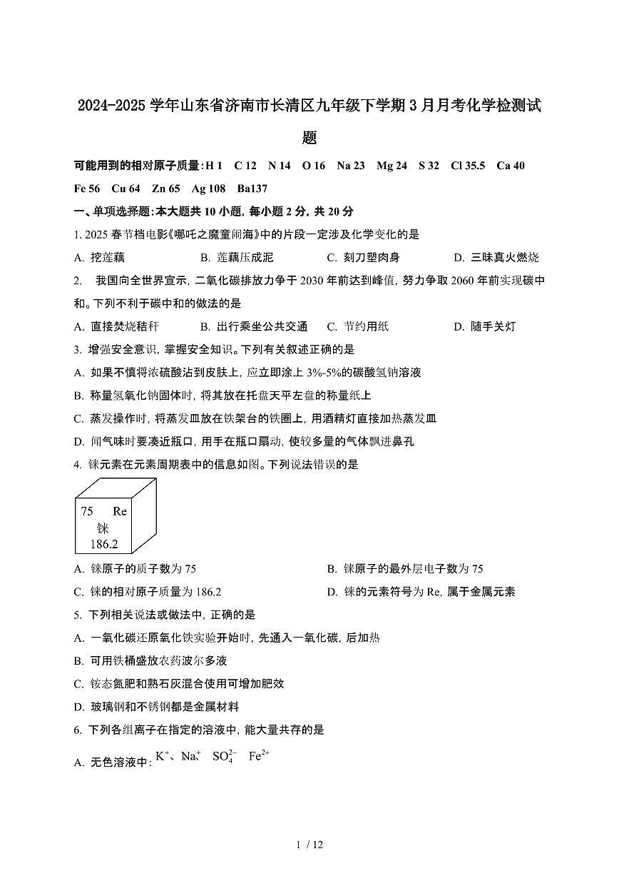 2024_2025学年山东济南长清区九年级第二学期3月月考化学试卷[有答案]第1页