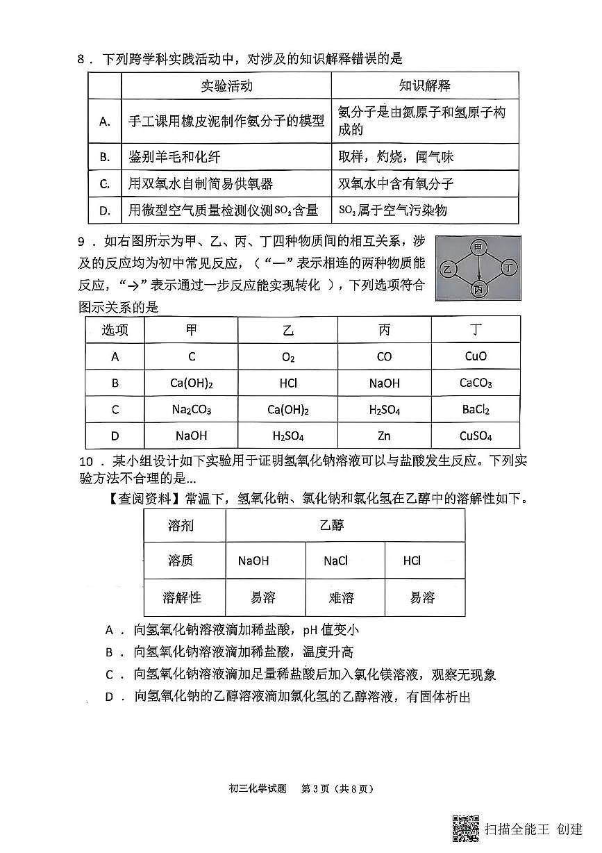 2025年福建省泉州市鲤城区培元中学中考模拟试卷化学试题　（中考模拟）第3页