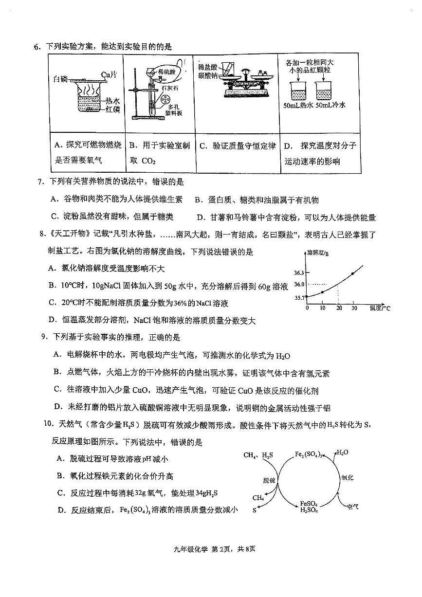 2025年福建省福州第十九学中考模拟化学试卷（1）（中考模拟）第2页