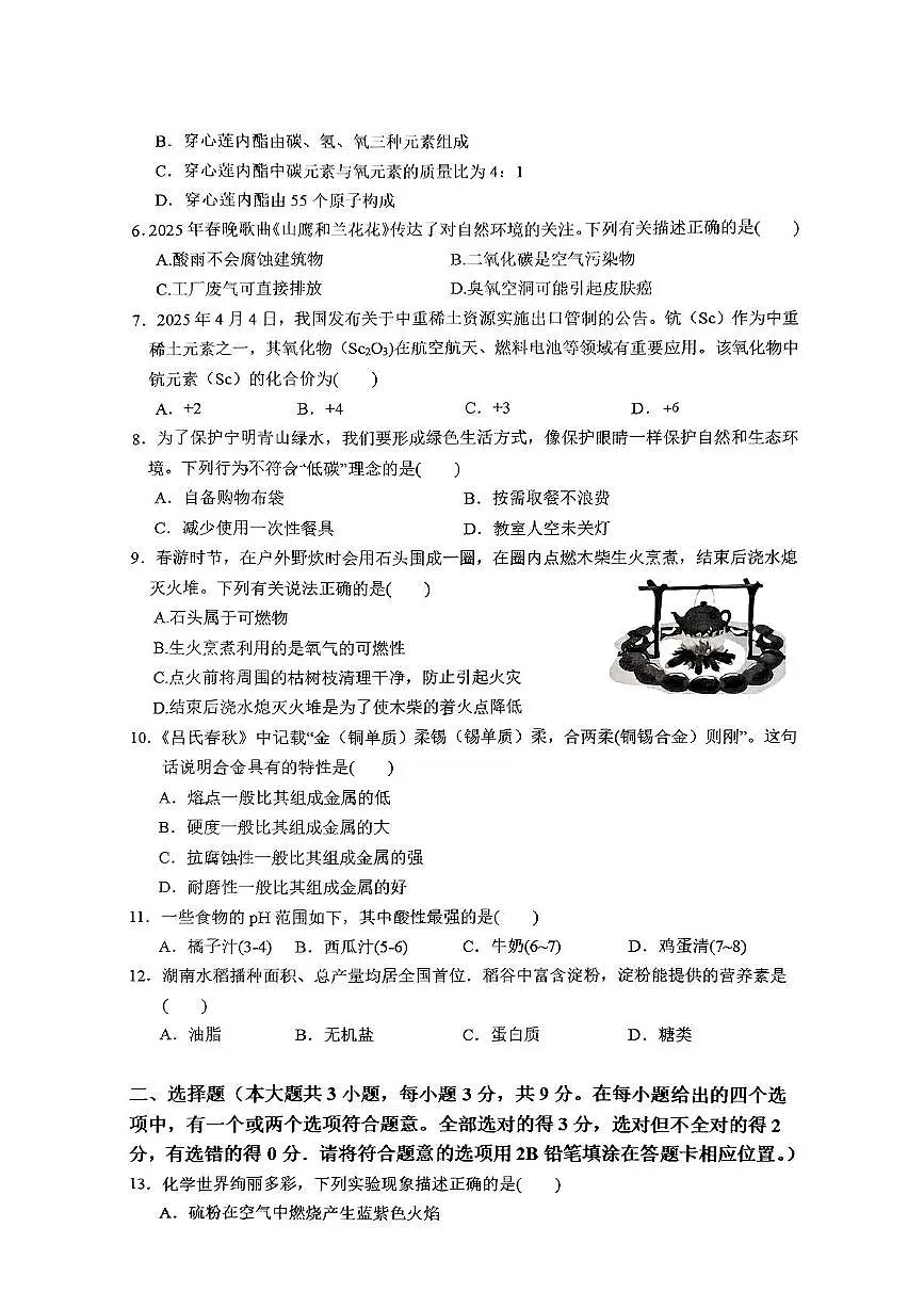 2025年湖南省长沙市雅境中学中考二模化学试卷（中考模拟）第2页