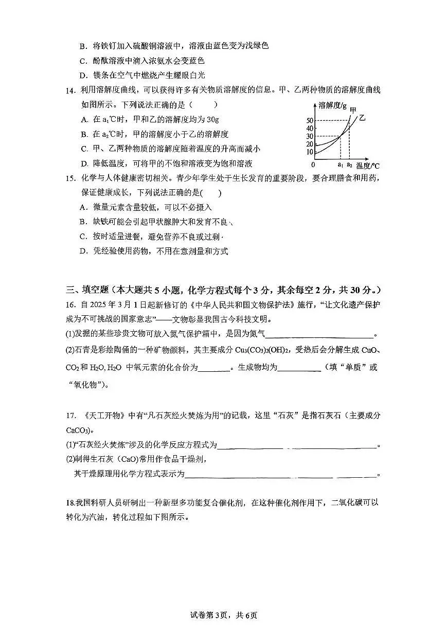 2025年湖南省长沙市雅境中学中考二模化学试卷（中考模拟）第3页