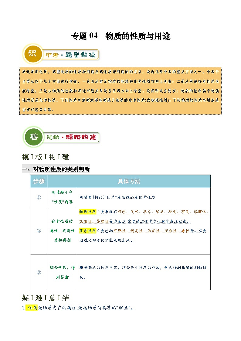 2025年中考化学专项复习专题04 物质的性质与用途-2024年中考化学答题技巧与模板构建练习（解析版）第1页