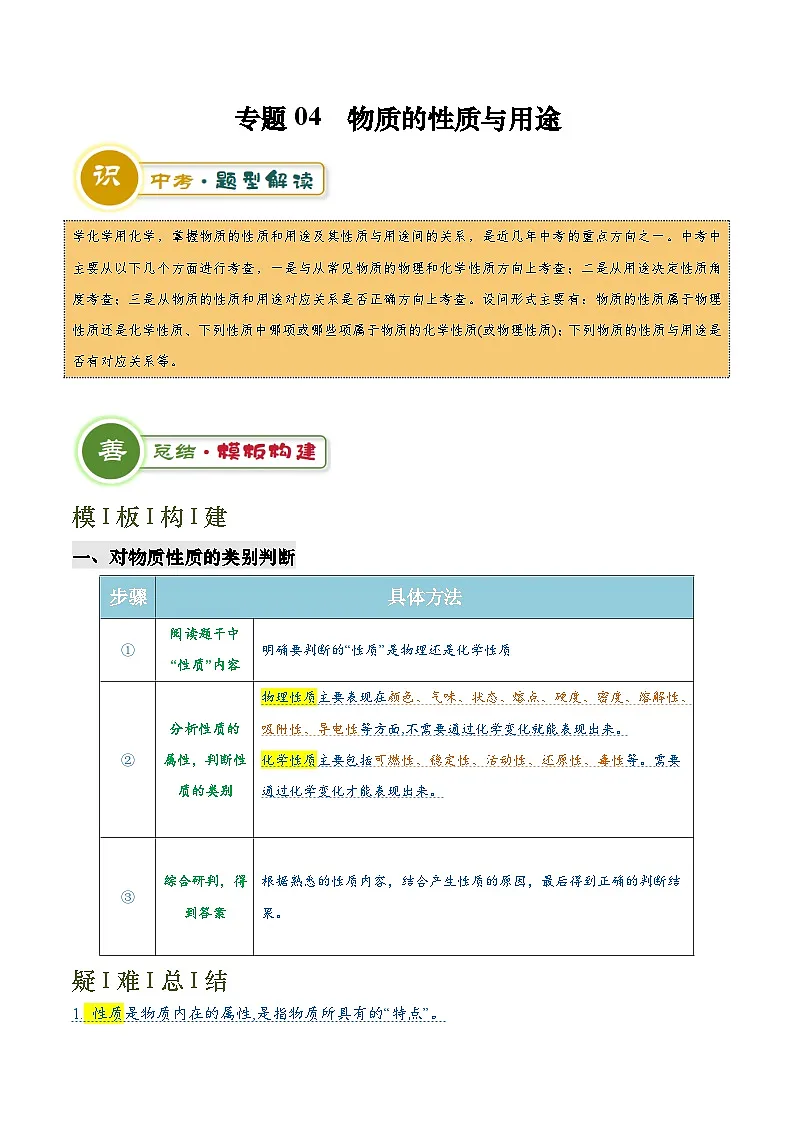 2025年中考化学专项复习专题04 物质的性质与用途-2024年中考化学答题技巧与模板构建（原卷版）第1页