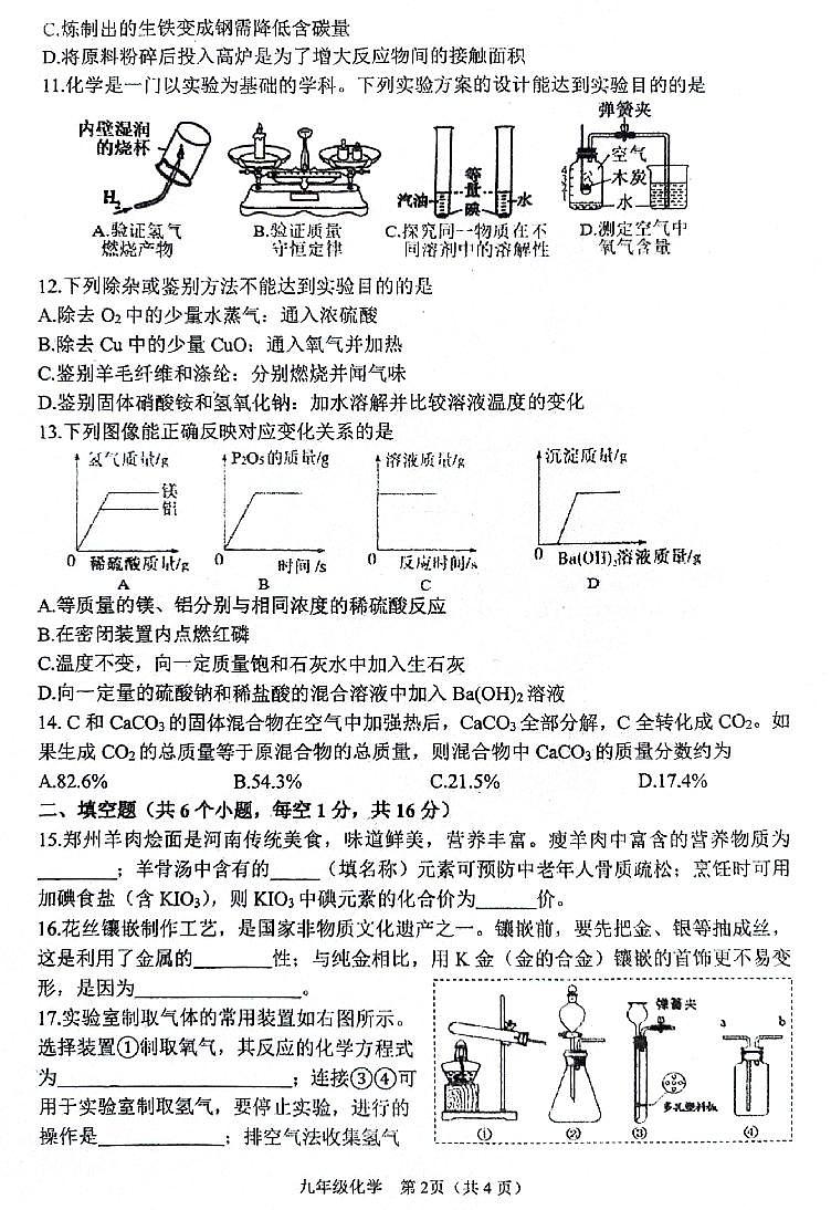 2025年河南省实验中学中考四模化学试卷+答案第2页