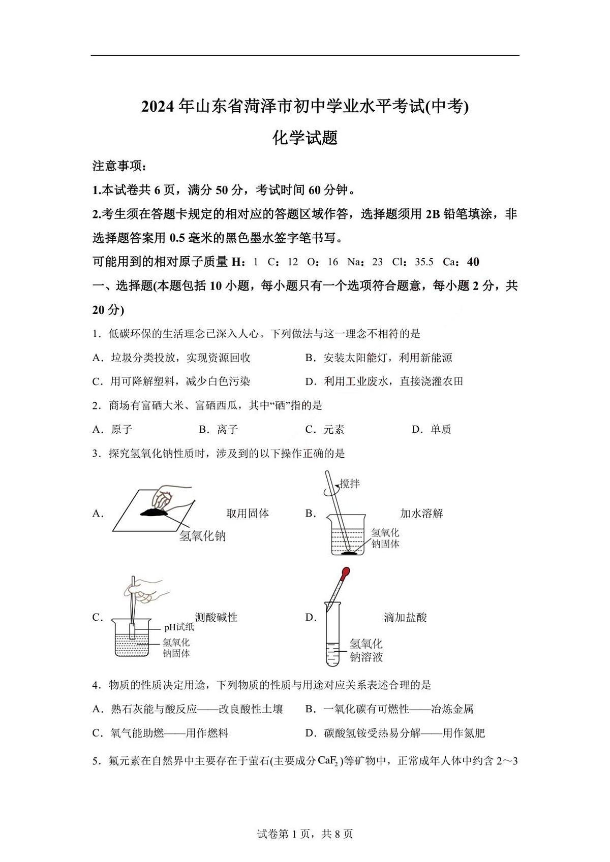 2024年山东省菏泽市中考化学真题（含答案）第1页