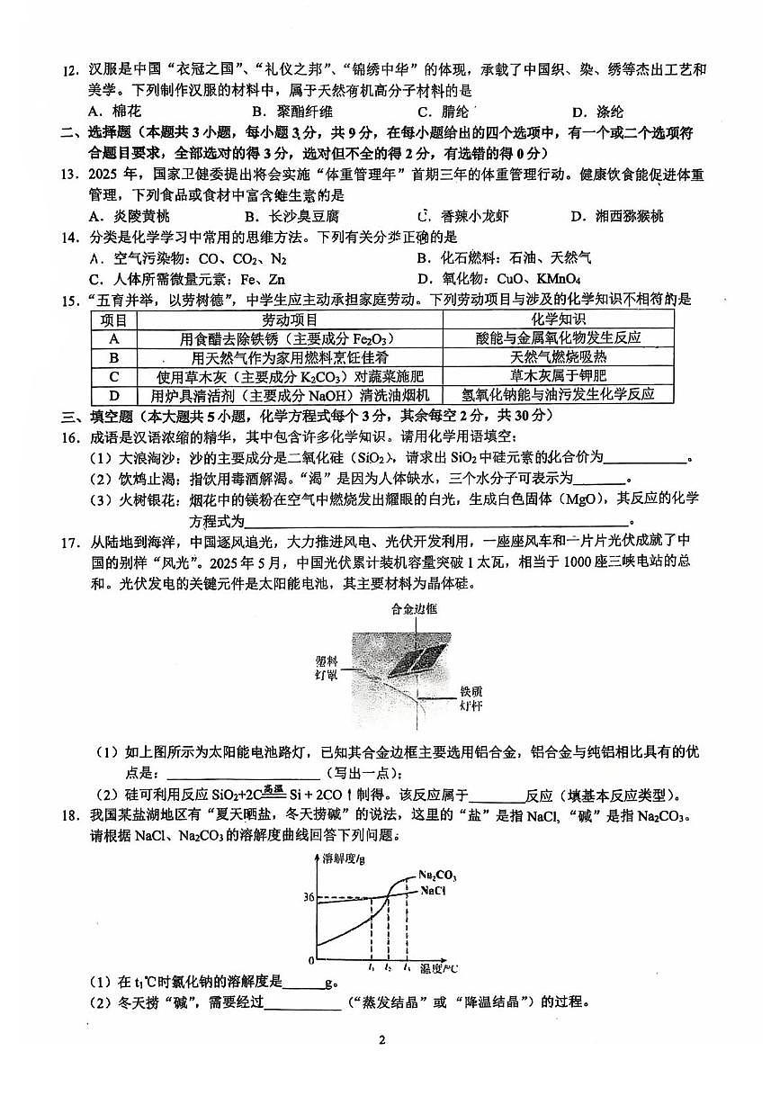 2025年湖南省长沙市湘一立信中学中考三模化学试卷（中考模拟）第2页