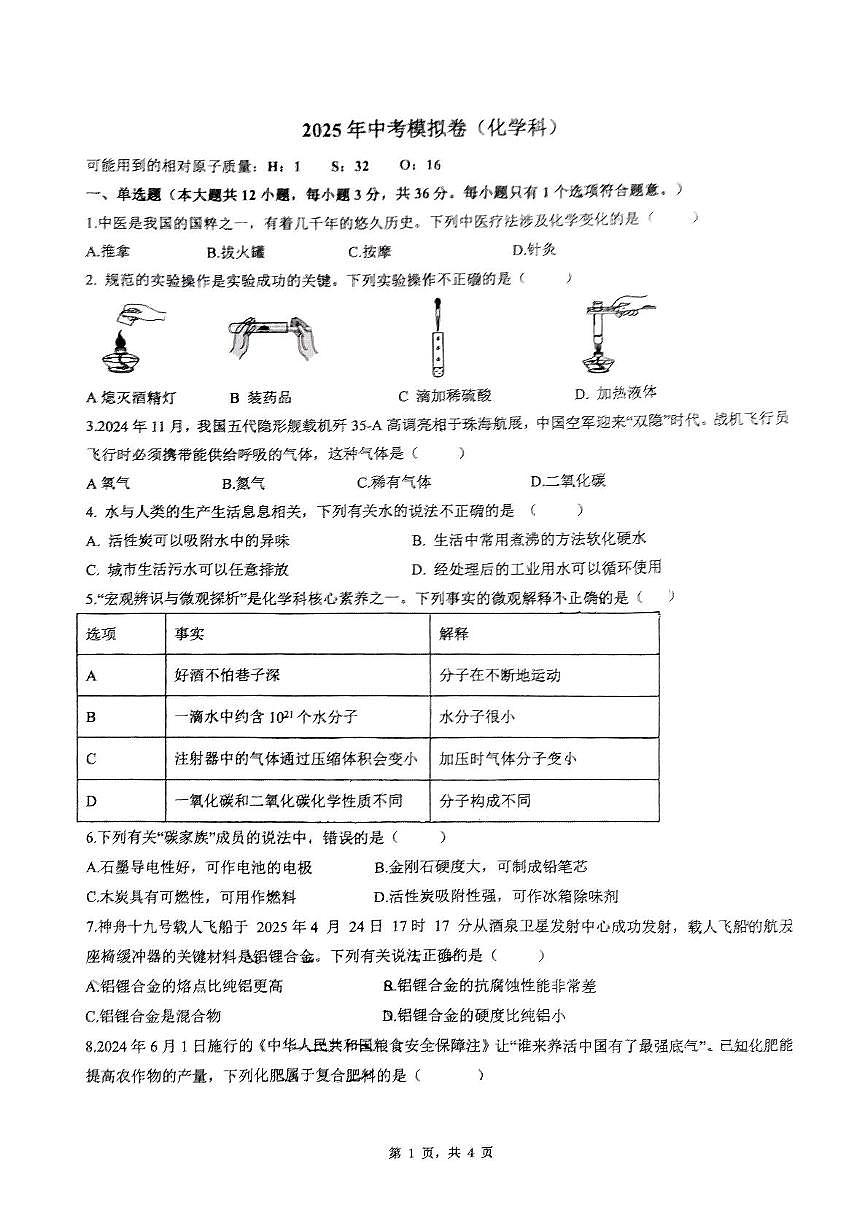 2025年湖南省长沙市雅礼麓谷中学中考三模化学试题（中考模拟）第1页