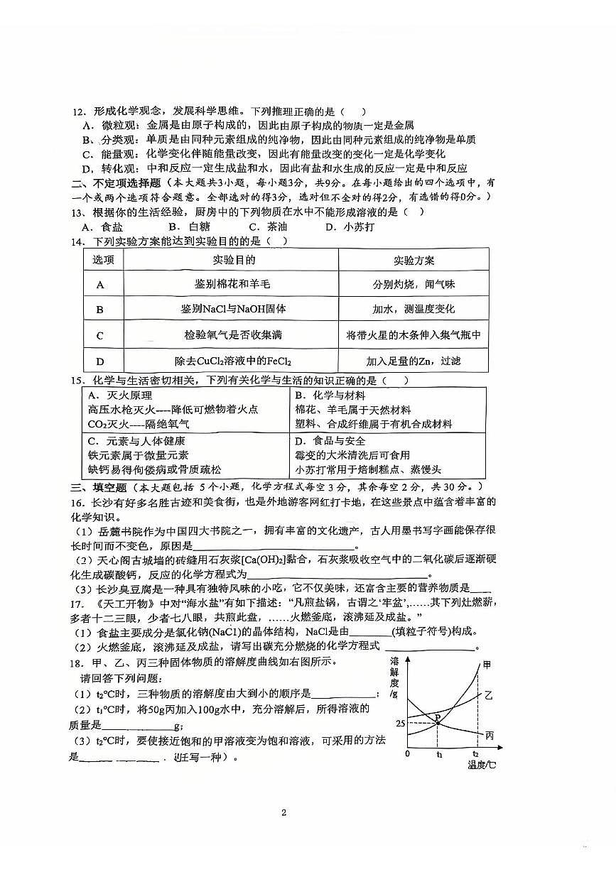 2025年湖南省长沙市雅礼外国语学校中考全真模拟化学试卷（中考模拟）第2页