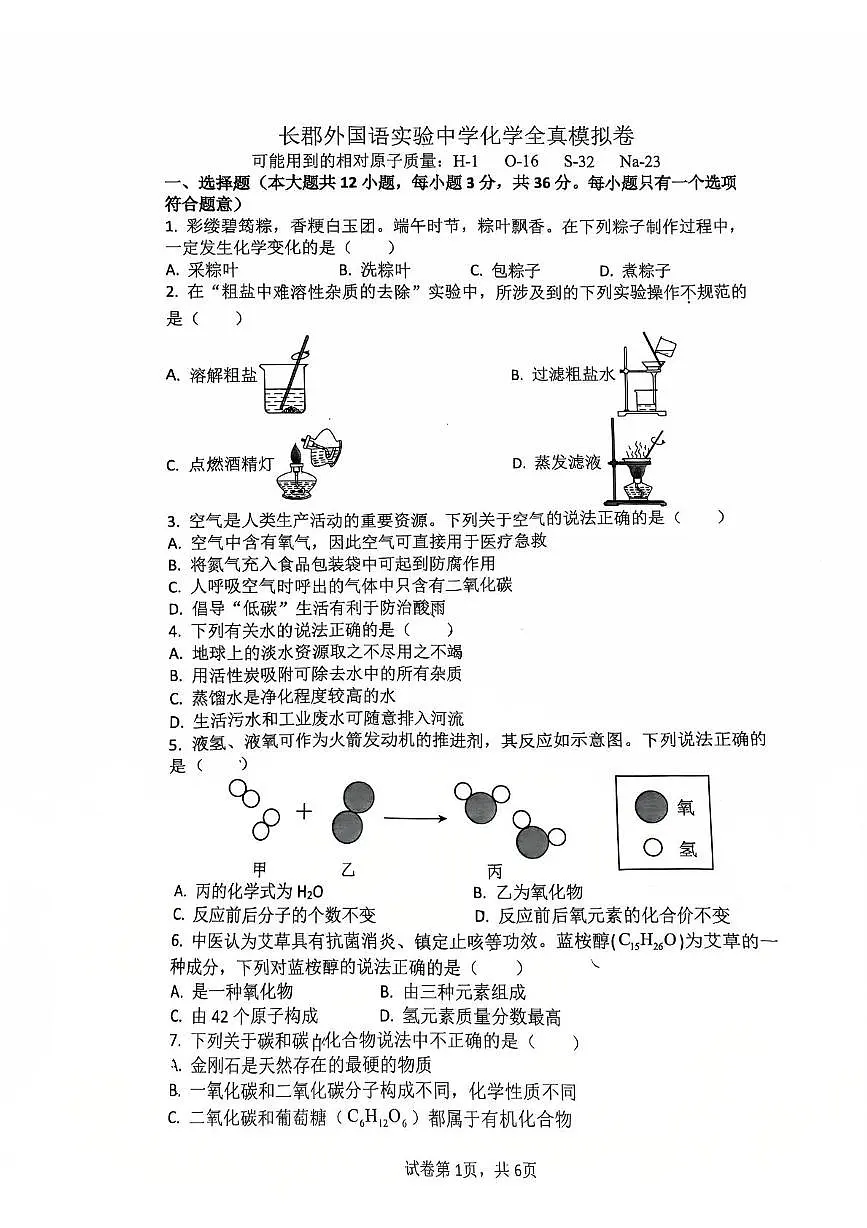 2025年湖南省长沙市长郡外国语实验中学中考适应性考试化学试卷（中考模拟）第1页