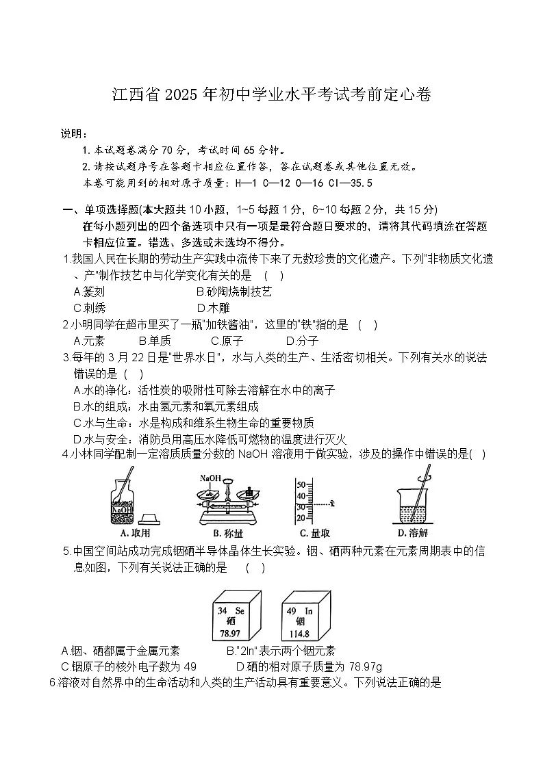 2025年江西省初中学业水平模拟考试6月份考前定心卷化学试题（中考模拟）第1页
