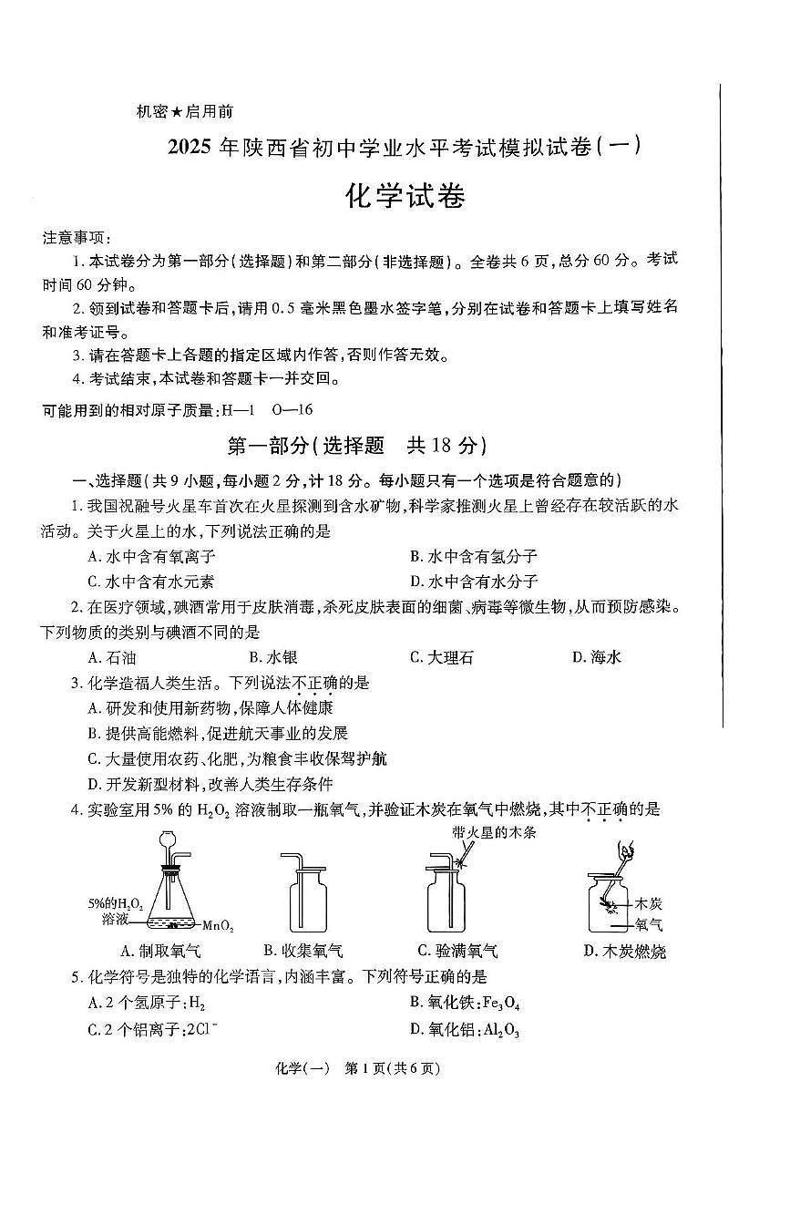 2025年陕西省咸阳市永寿县监军中学中考一模化学试题（中考模拟）第1页