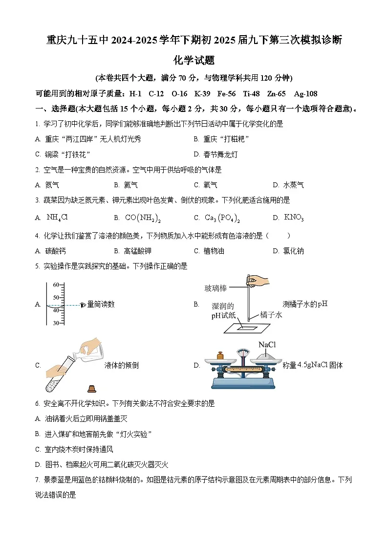 2025年重庆市第九十五初级中学校中考第三次模拟考试化学试题（中考模拟）第1页