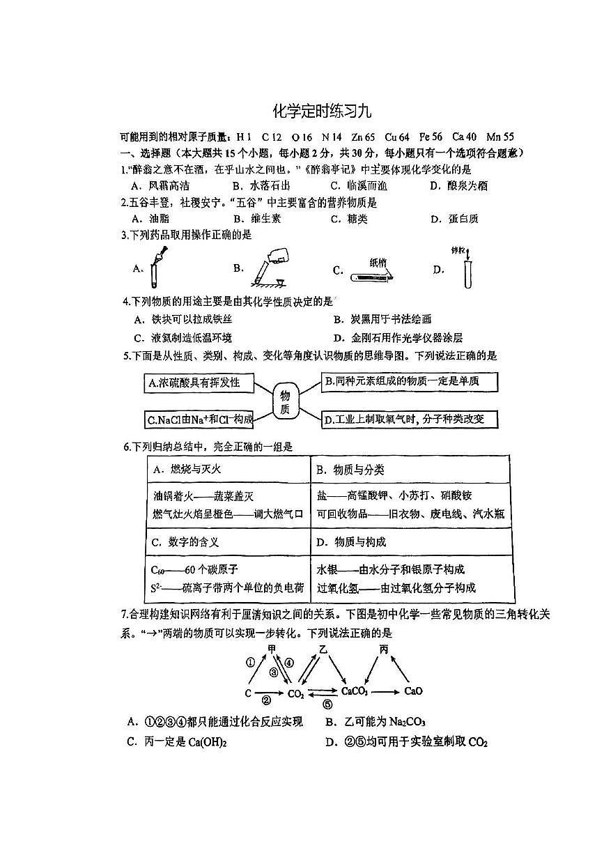 2025年重庆市南开中学九年级化学试卷定时练习9（中考模拟）第1页
