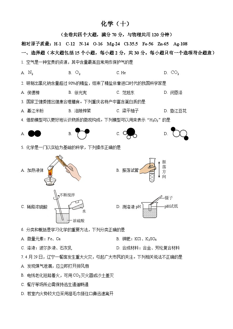 2025年重庆市南开中学中考第二次诊断考试化学试题（中考模拟）第1页