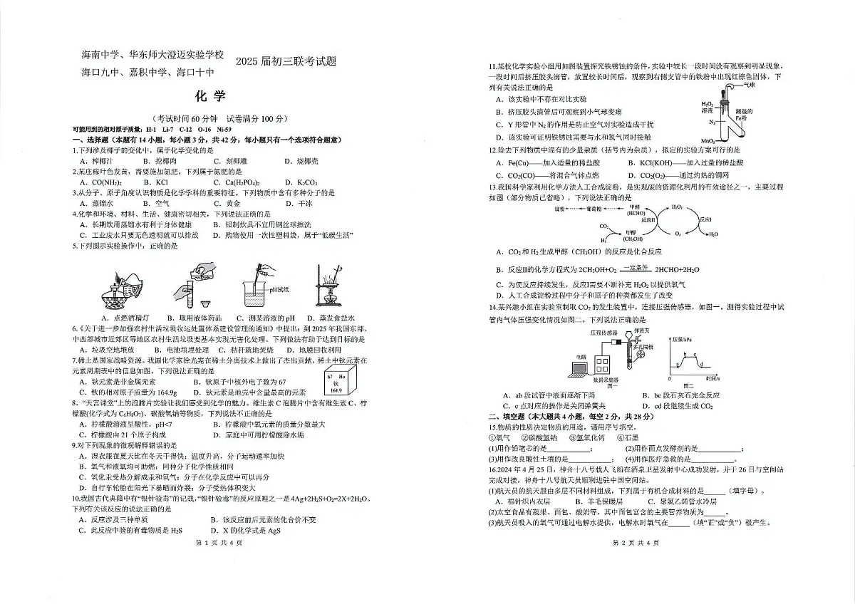 2025年海南省五校第三次中考模拟联考化学试题（中考模拟）第1页
