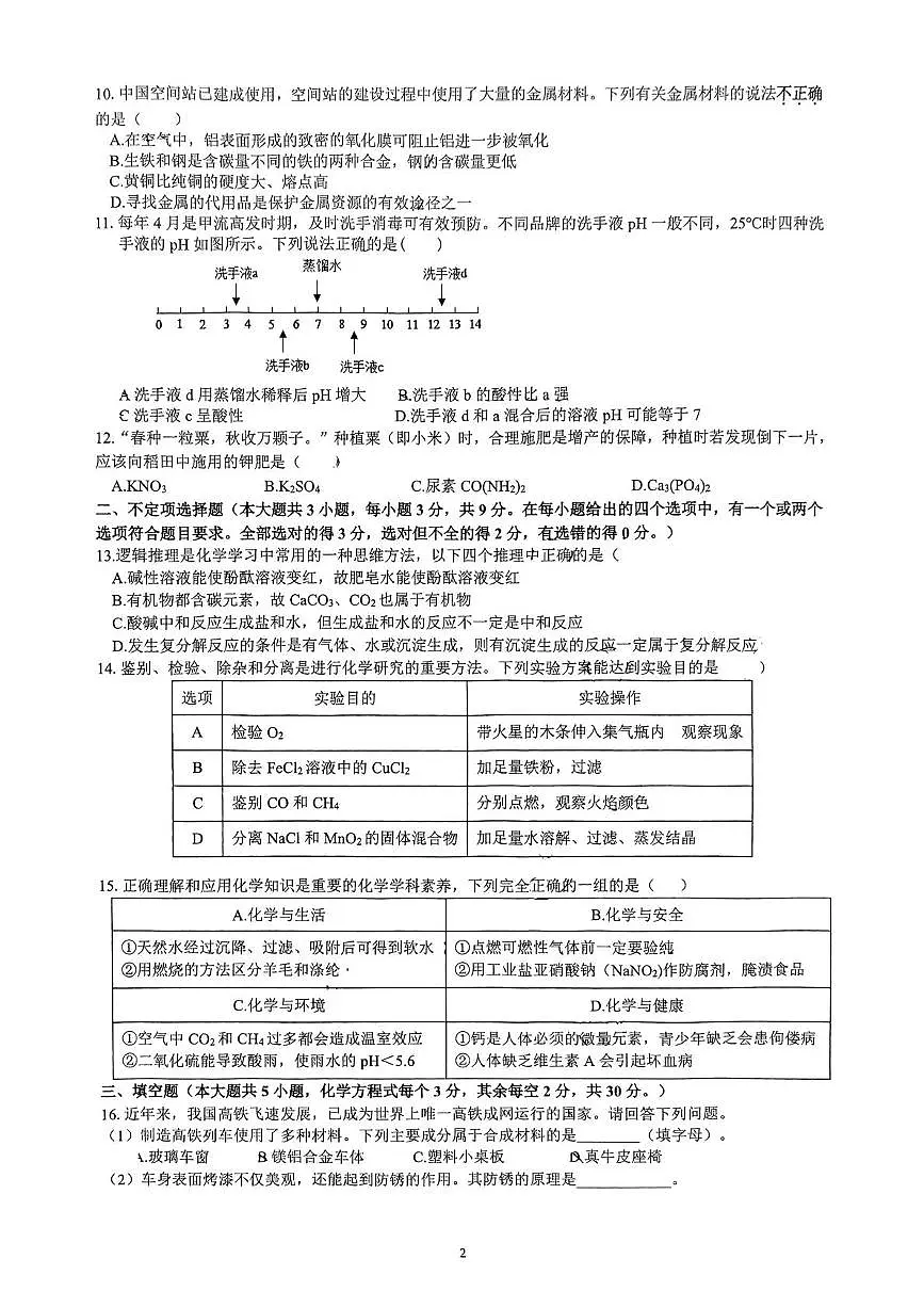 2025年湖南省长沙市岳麓区西雅中学中考二模化学试题（中考模拟）第2页