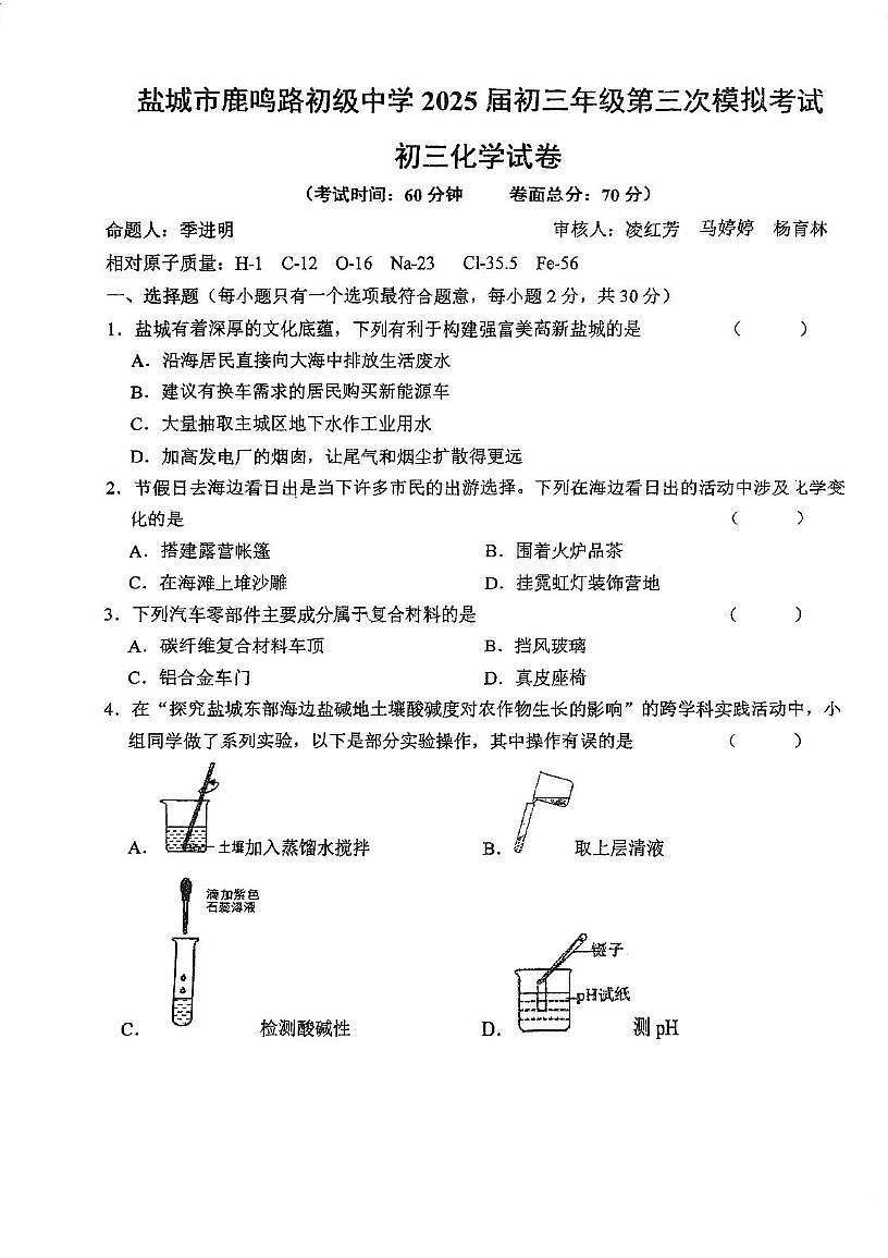 2025年江苏省盐城市鹿鸣路初级中学中考三模化学试卷（中考模拟）第1页