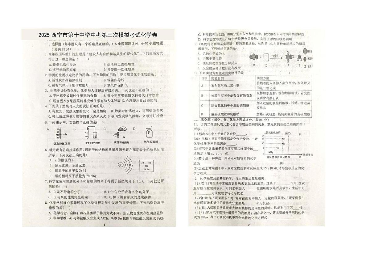 2025年青海省西宁市第十中学中考第三次模拟考试化学试卷（中考模拟）第1页