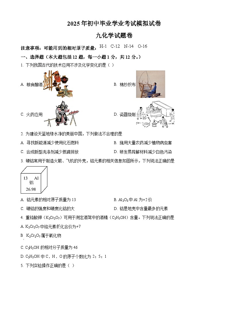2025年安徽省亳州市蒙城县初中学业水平适应性考试化学试题（中考模拟）第1页
