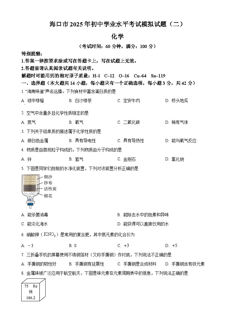 2025年海南省海口市中考二模化学试题 （中考模拟）第1页