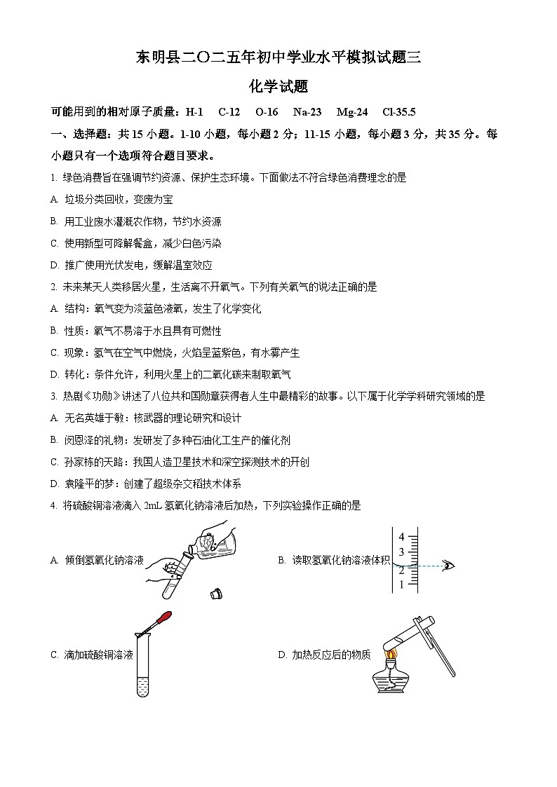 2025年山东省菏泽市东明县中考三模化学试题（中考模拟）第1页