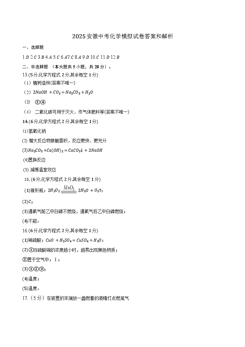 2025安徽中考化学模拟试卷答案和解析第1页