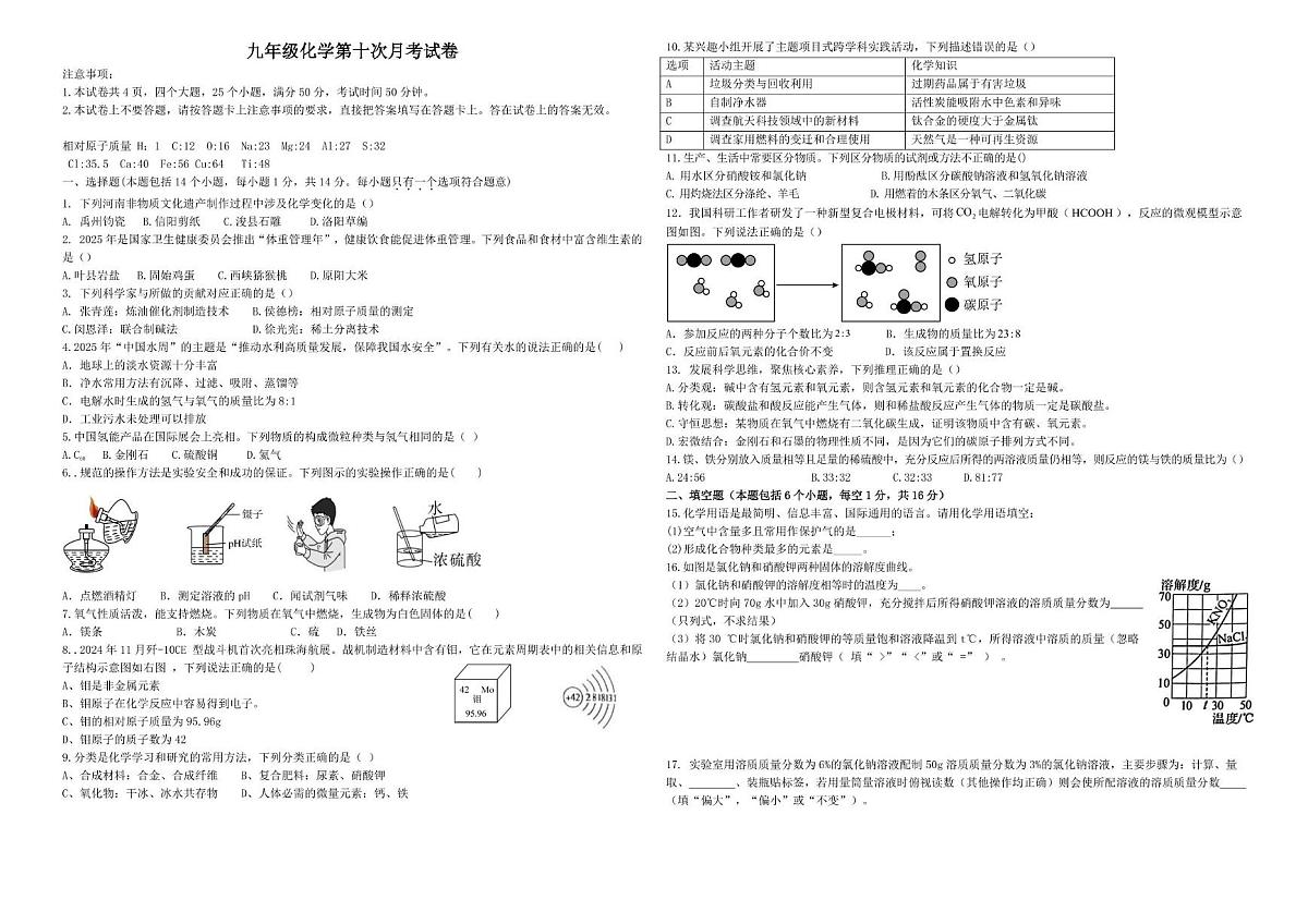 河南省信阳市第九中学2024-2025学年九年级下学期第十次月考化学试卷第1页