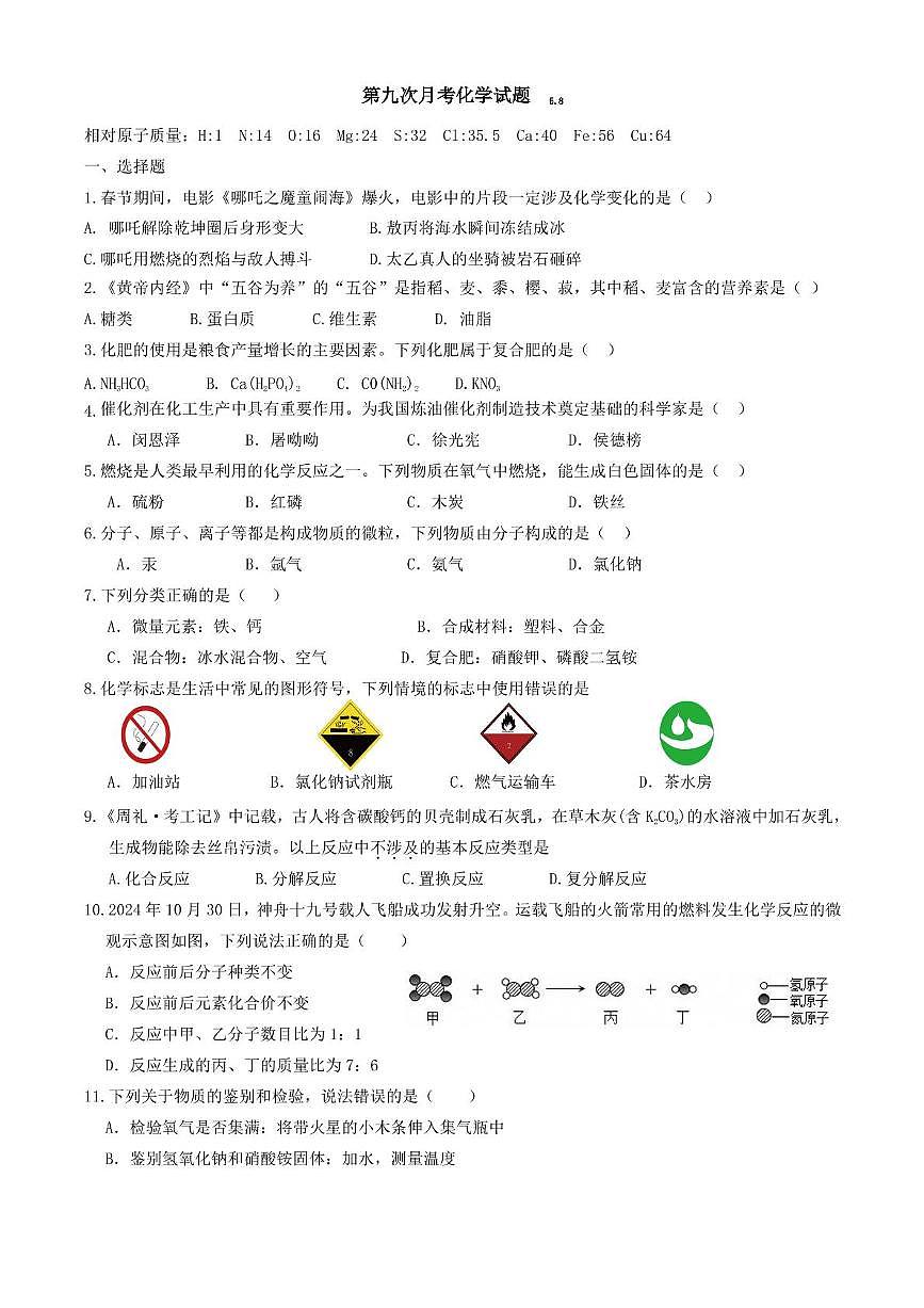 河南省信阳市第九中学2024-2025学年九年级下学期第九次月考化学试卷第1页