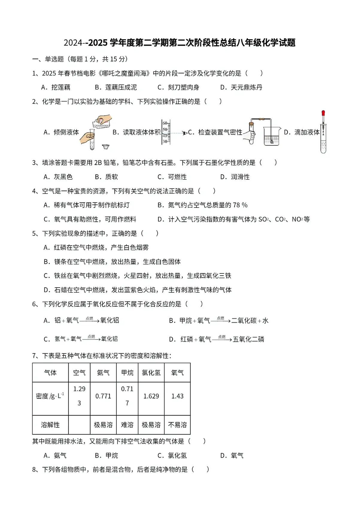 山东省乐陵市朱集镇中学2024-2025学年八年级下学期第二次月考化学试题第1页