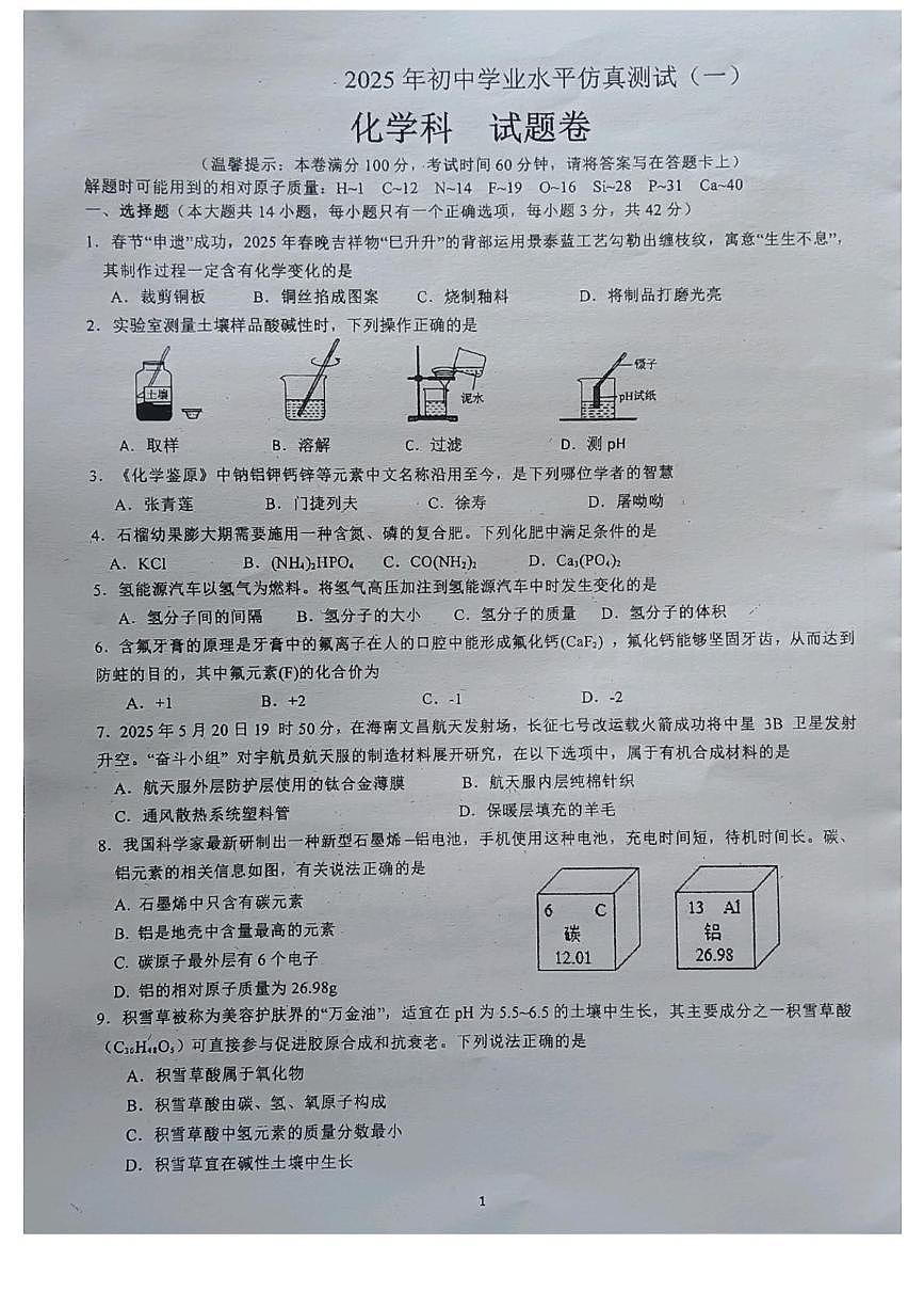 2025年海南省初中学业水平仿真测试（一）化学科试题（中考模拟）第1页
