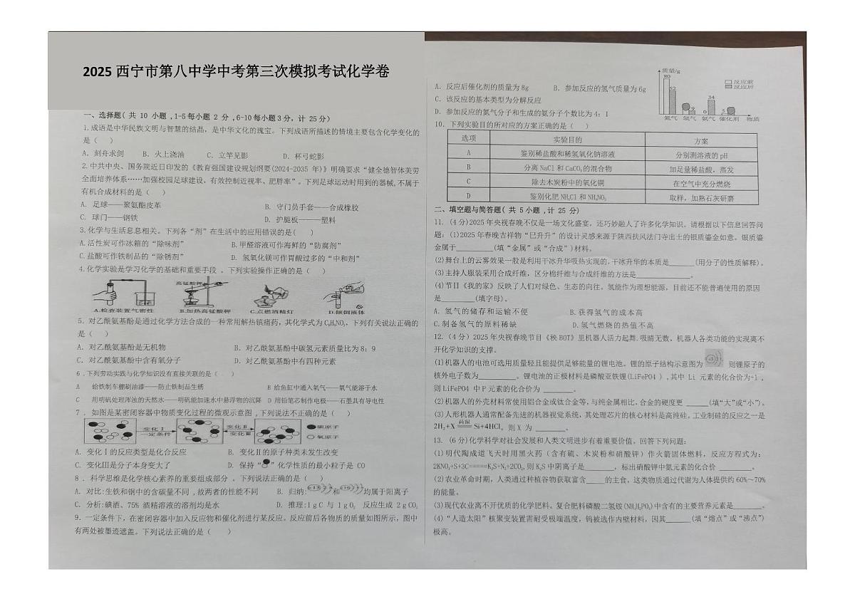 2025年青海省西宁市第八中学中考第三次模拟考试化学试卷（中考模拟）第1页