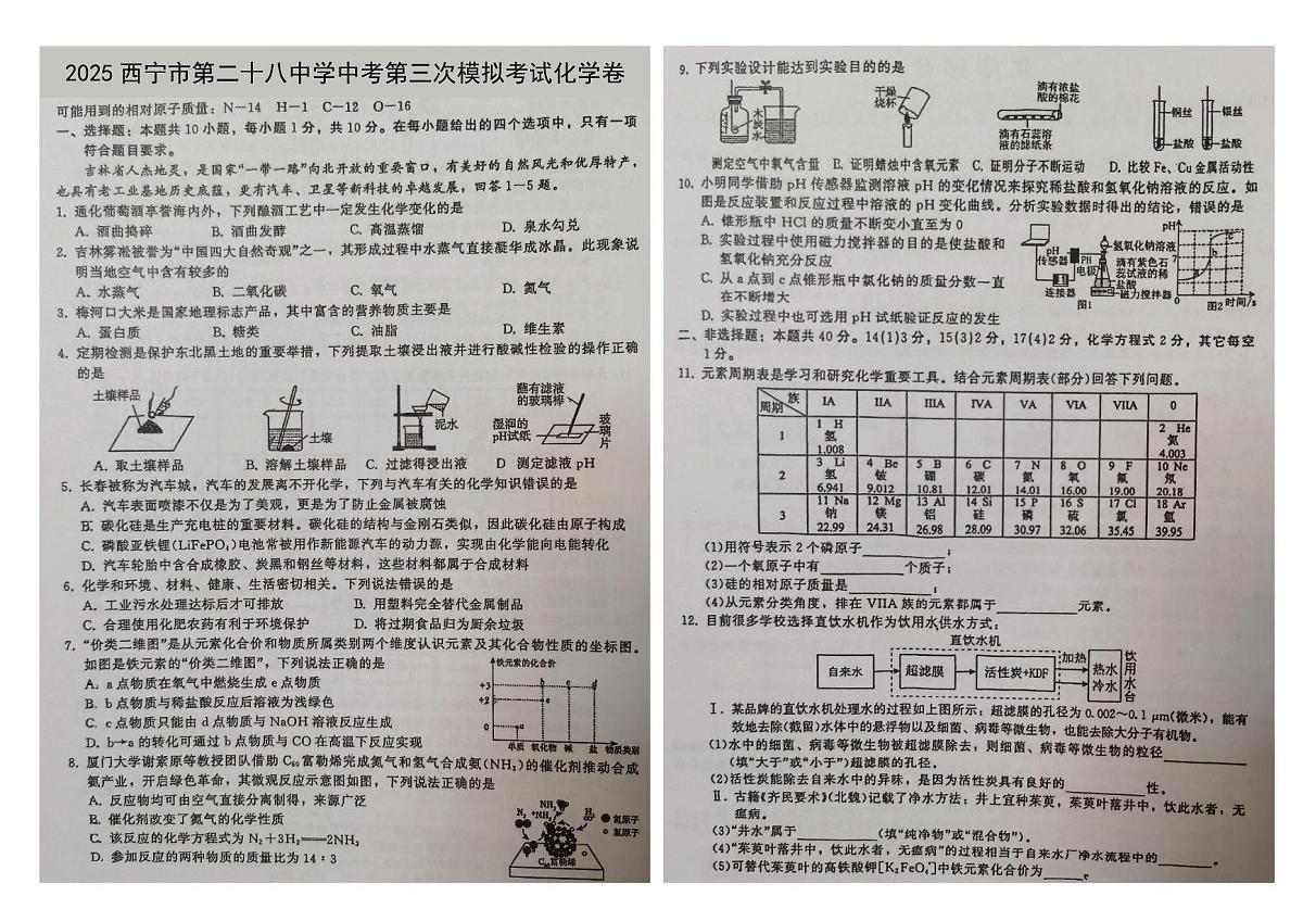 2025年青海省西宁市第二十八中学中考第三次模拟考试化学卷（中考模拟）第1页