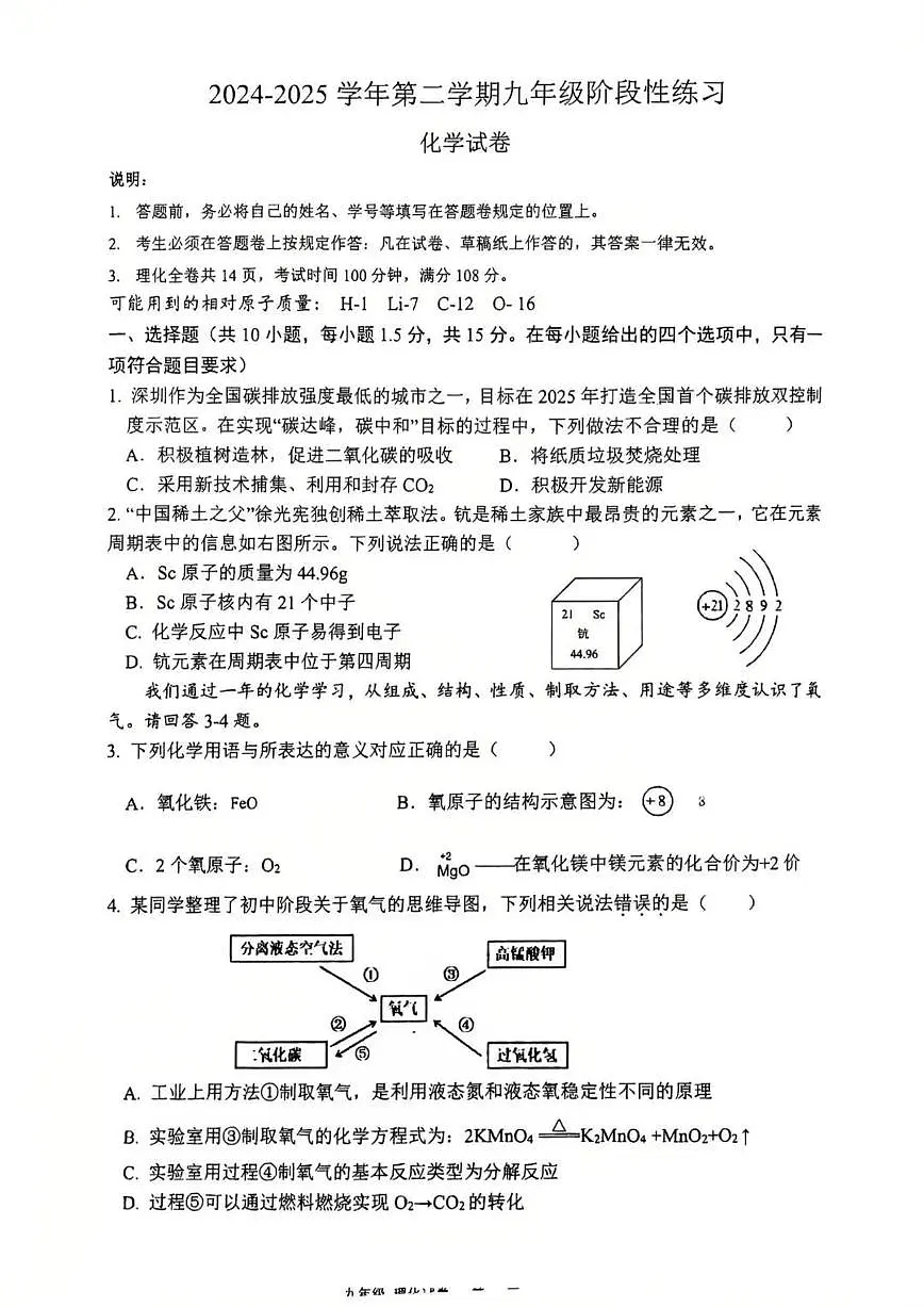 2025年6月深圳中学中考三模-化学试卷（含答案）第1页