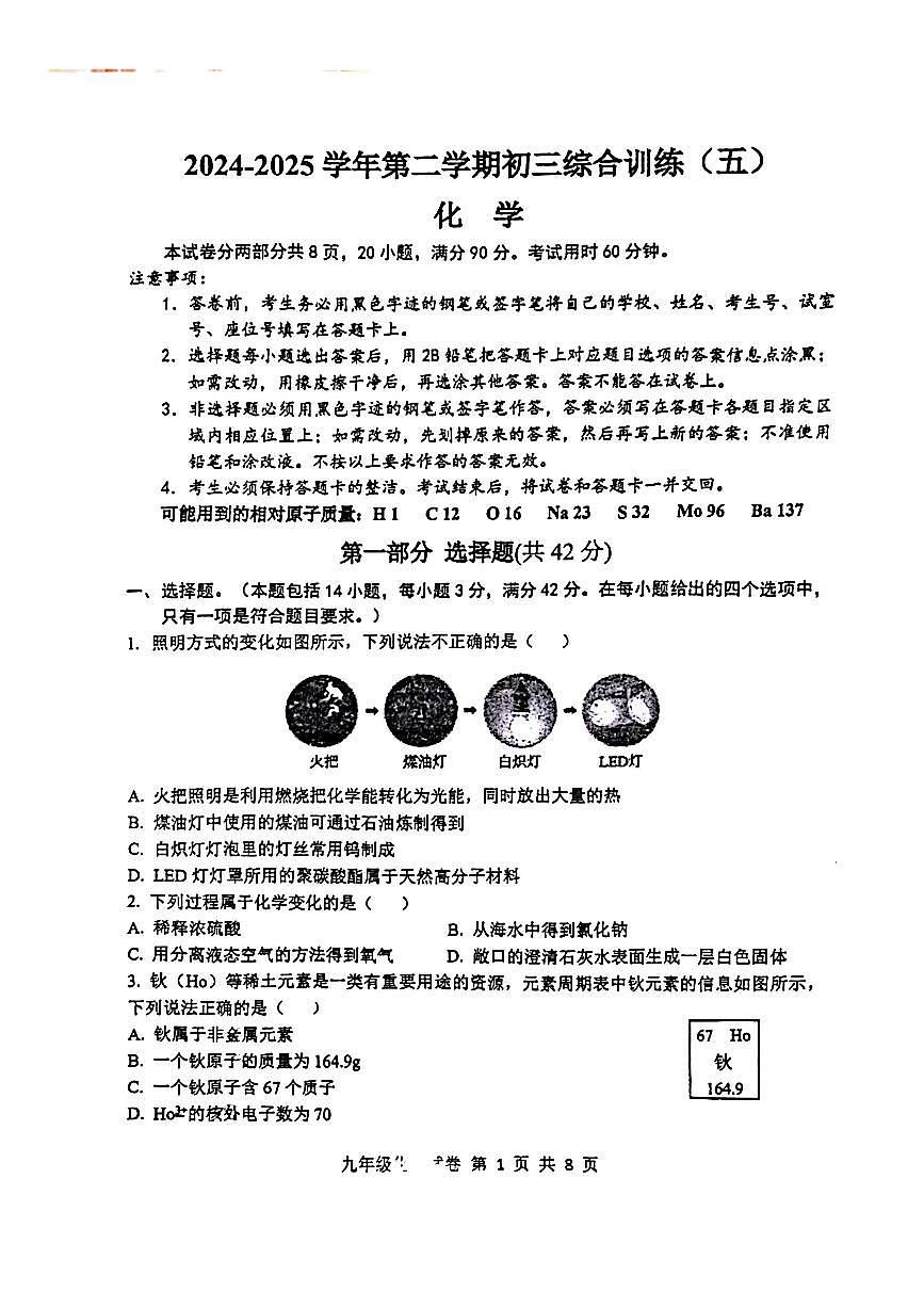 2025年广东省广州市外国语学校中考三模化学卷第1页