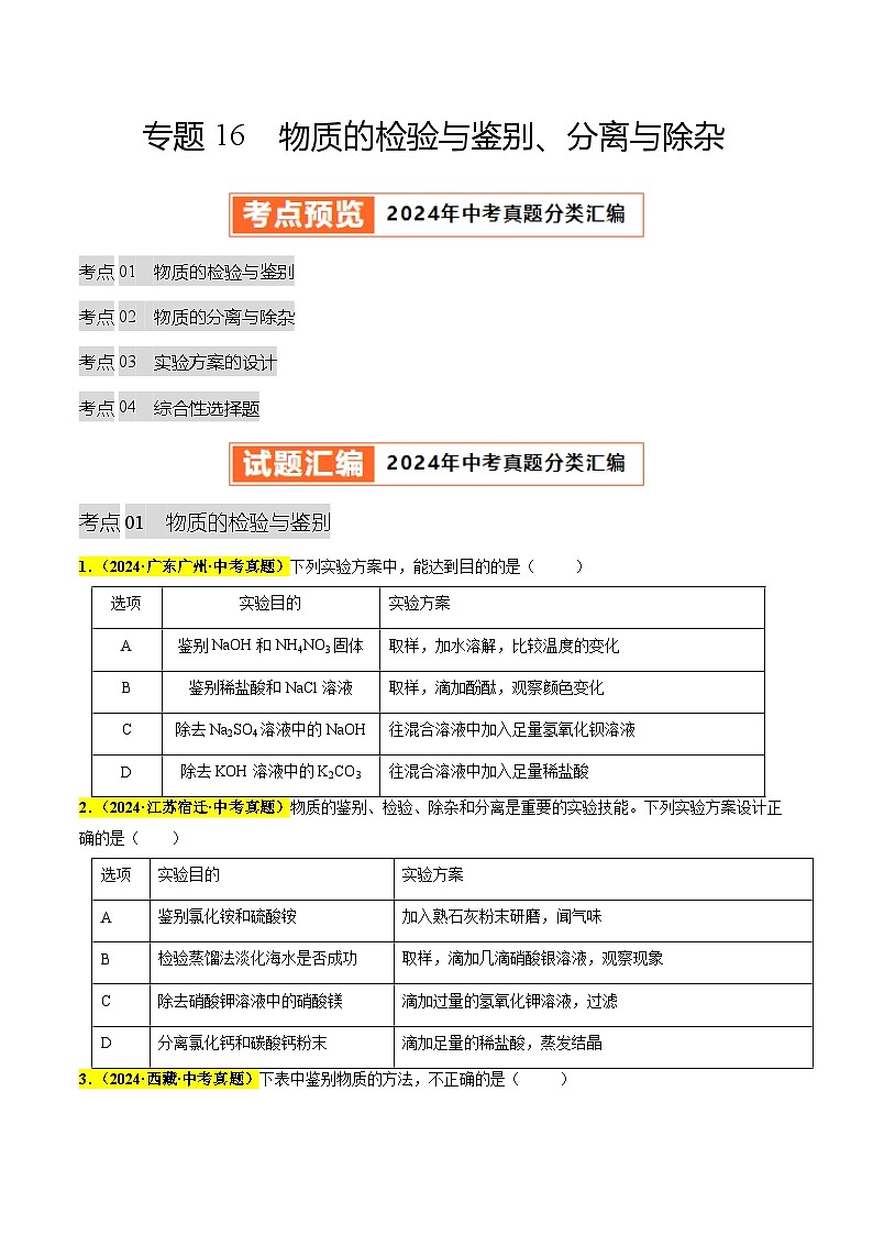 专题16 物质的检验与鉴别、分离与除杂（第03期）（学生版）第1页