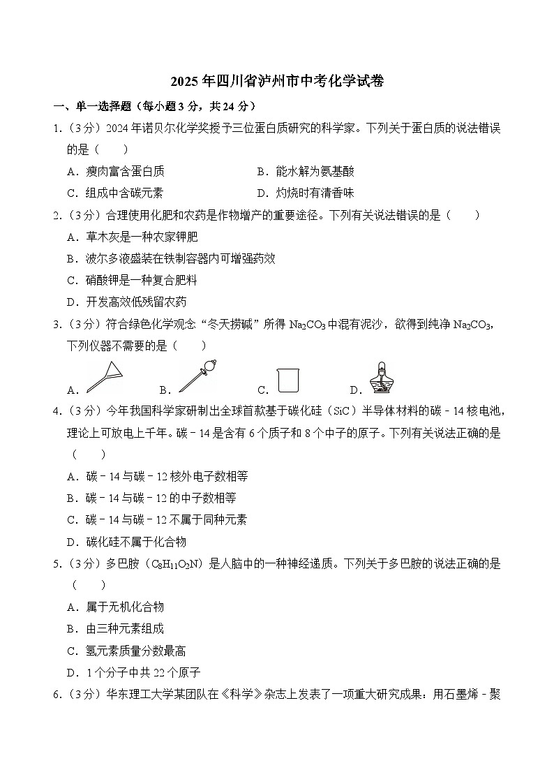 2025年四川省泸州市中考化学试卷及答案第1页