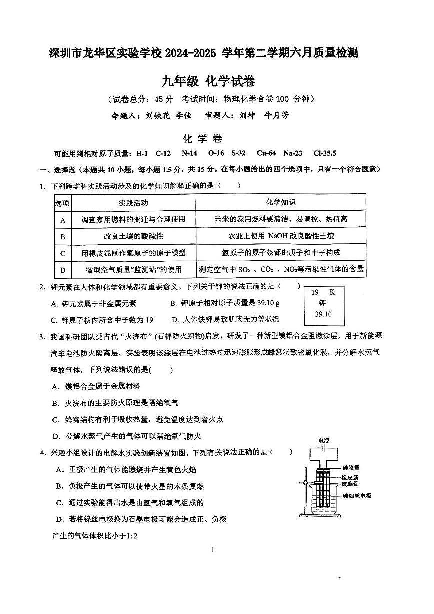 2025年广东省深圳市龙华区实验学校教育集团中考三模化学试卷（中考模拟）(001)第1页