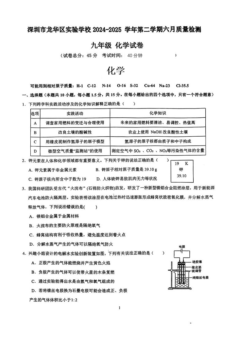 2025年广东省深圳市龙华区实验学校教育集团中考三模化学试卷第1页