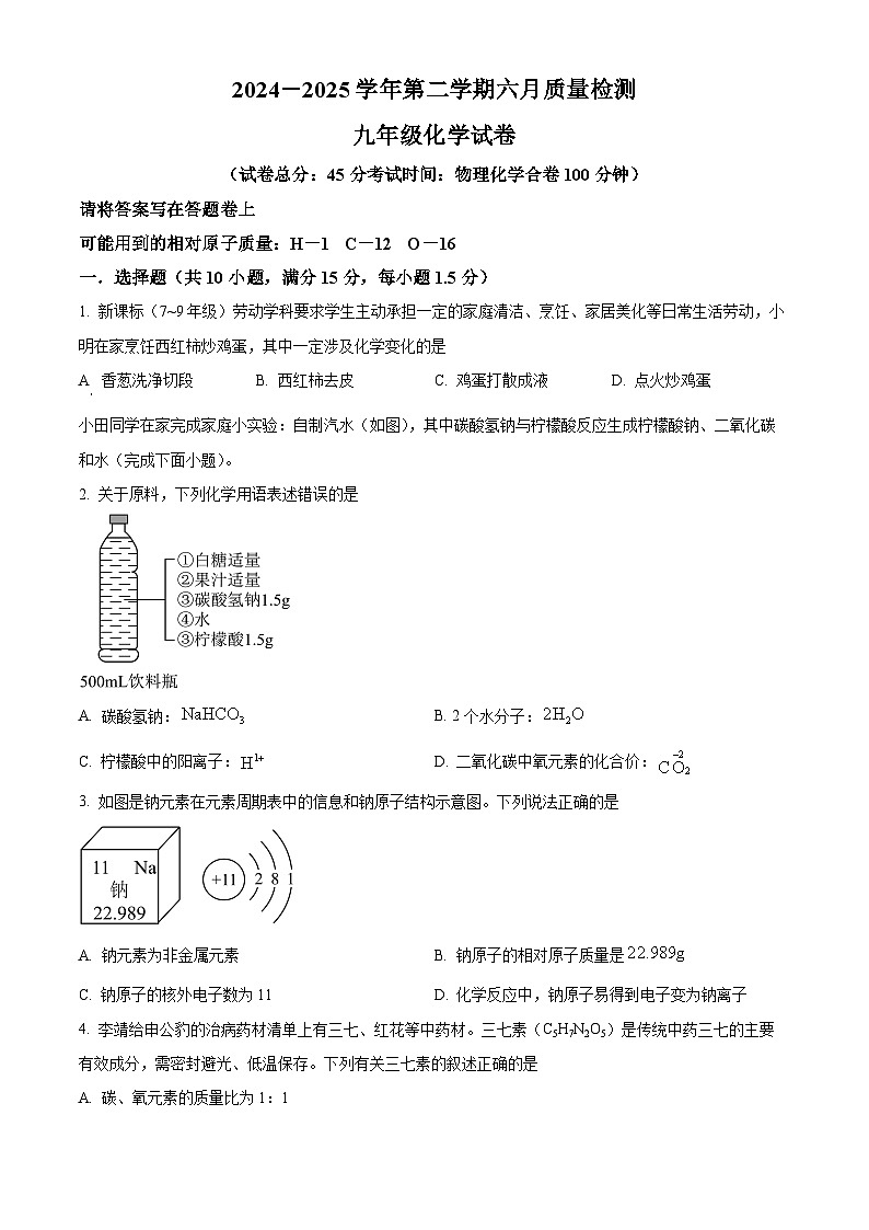 2025年广东省深圳市南山外国语集团中考第三次模拟考试化学试题（中考模拟）第1页